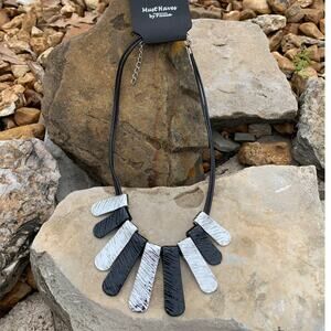 New Silver Black Metal Gladiator Tab Leather Corded Statement Necklace Gift Box
